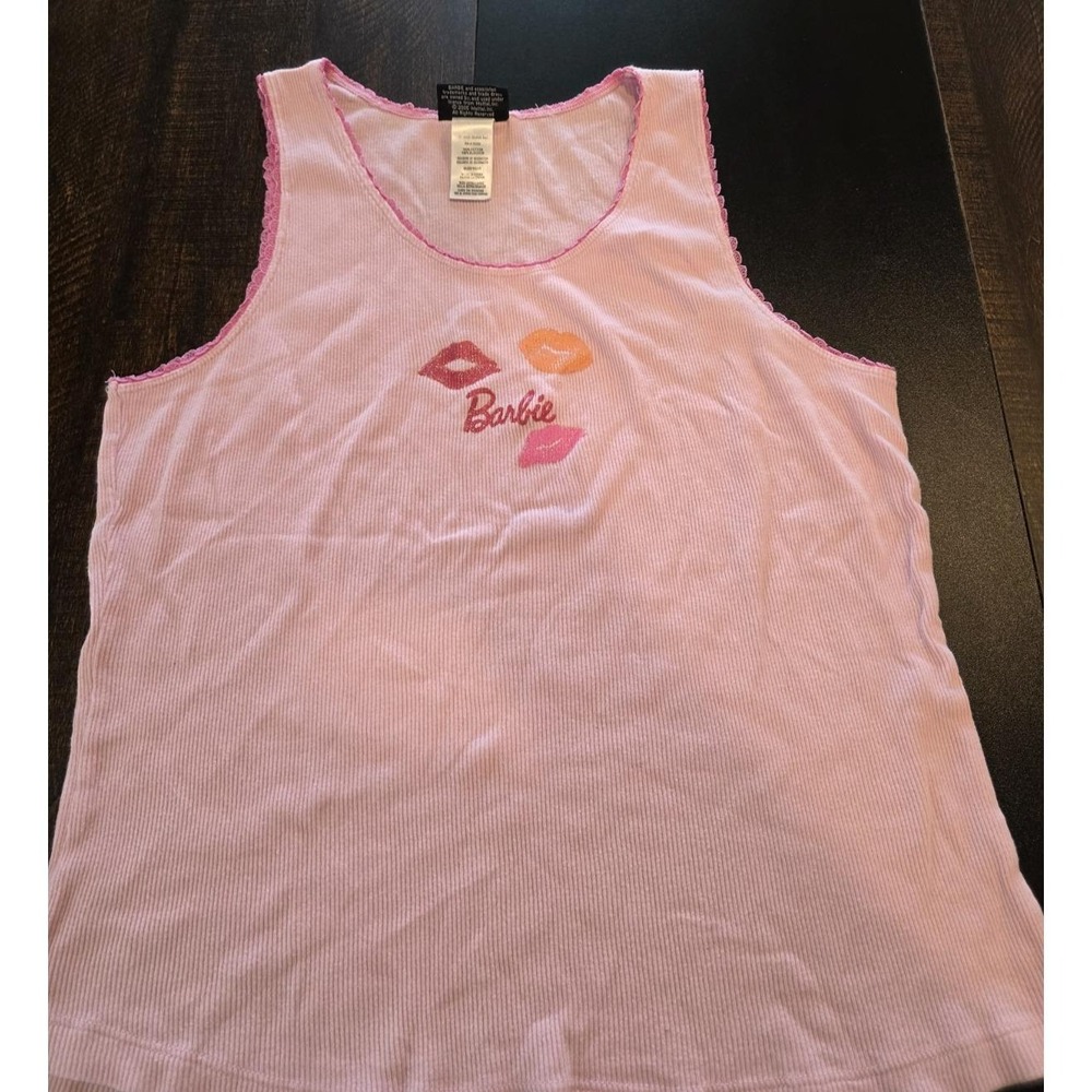 Vintage Barbie Tank Top Light Pink Ribbed Sleep Shirt Lip Kiss XL Y2K Barbiecore - Picture 3 of 8